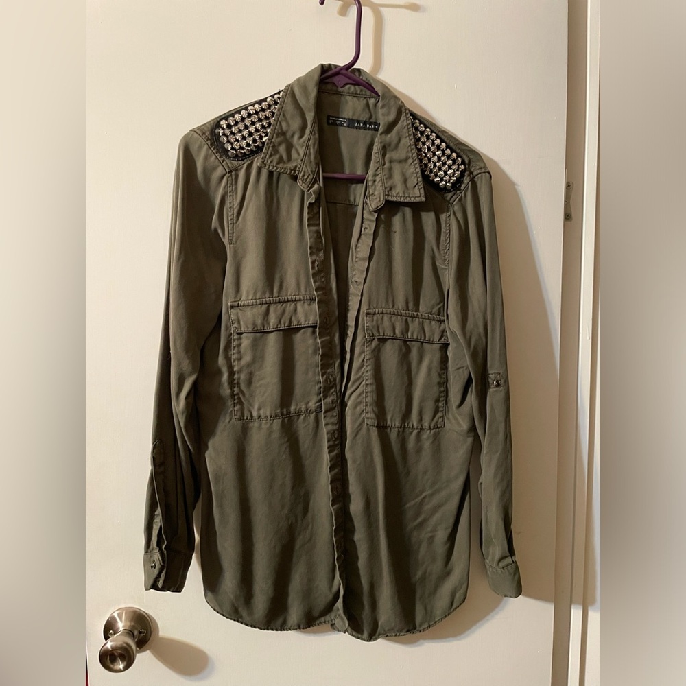 Zara Basic, military green with spiked shoulder applications, size L.